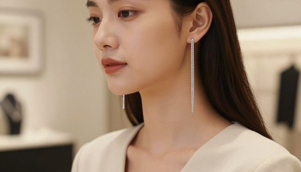 Elegant long dangling earrings made of delicate silver chains with shimmering gemstones, gracefully suspended from a model's ears. The model has a soft, serene expression and is wearing a minimalistic, chic outfit in neutral tones that enhances the earrings. The background suggests a gentle, softly blurred indoor environment, perhaps a stylish boutique or an art gallery, bathed in warm, diffused lighting that highlights the earrings’ sparkle. The focus is on the earrings, captured in a close-up shot with a shallow depth of field, while the lighting accentuates their length and elegance. The overall atmosphere is sophisticated and inviting, showcasing the beauty of long, narrow earrings that elongate the face and enhance the wearer's features. Elegant long dangling earrings made of delicate silver chains with shimmering gemstones, gracefully suspended from a model's ears. The model has a soft, serene expression and is wearing a minimalistic, chic outfit in neutral tones that enhances the earrings. The background suggests a gentle, softly blurred indoor environment, perhaps a stylish boutique or an art gallery, bathed in warm, diffused lighting that highlights the earrings’ sparkle. The focus is on the earrings, captured in a close-up shot with a shallow depth of field, while the lighting accentuates their length and elegance. The overall atmosphere is sophisticated and inviting, showcasing the beauty of long, narrow earrings that elongate the face and enhance the wearer's features.