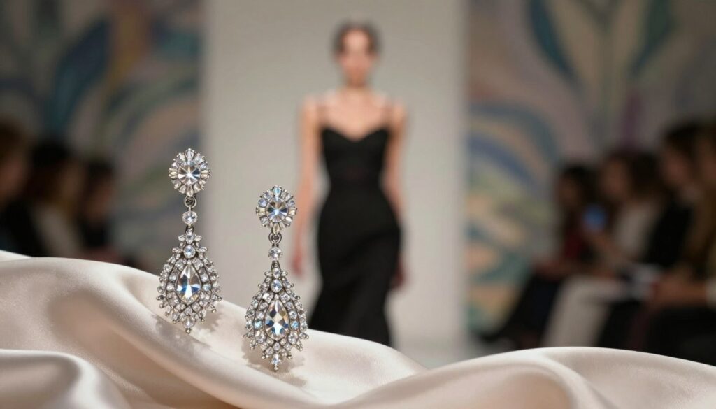 Elegant runway-inspired earrings, reflecting high fashion from gala events, displayed prominently on a soft silk backdrop. The earrings shimmer with intricate designs featuring sparkling crystals and delicate metals, exuding luxury and sophistication. In the foreground, the light captures every facet of the earrings, creating a radiant glow. The middle ground features a blurred silhouette of a model wearing a sleek black dress, suggesting a chic atmosphere without revealing personal details. The background is a softly lit, abstract design reminiscent of a lush gala setting, with muted colors enhancing the focus on the earrings. The overall mood is glamorous and inspirational, evoking a sense of elegance fitting for special occasions. Perfect lighting mimics a runway show, with soft shadows enhancing depth, and a slight bokeh effect to keep the attention on the exquisite jewelry. Elegant runway-inspired earrings, reflecting high fashion from gala events, displayed prominently on a soft silk backdrop. The earrings shimmer with intricate designs featuring sparkling crystals and delicate metals, exuding luxury and sophistication. In the foreground, the light captures every facet of the earrings, creating a radiant glow. The middle ground features a blurred silhouette of a model wearing a sleek black dress, suggesting a chic atmosphere without revealing personal details. The background is a softly lit, abstract design reminiscent of a lush gala setting, with muted colors enhancing the focus on the earrings. The overall mood is glamorous and inspirational, evoking a sense of elegance fitting for special occasions. Perfect lighting mimics a runway show, with soft shadows enhancing depth, and a slight bokeh effect to keep the attention on the exquisite jewelry.