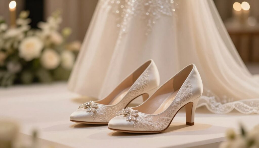 Elegant women's wedding shoes displayed prominently in the foreground, featuring a classic design with a low, sturdy heel for comfort and stability. The shoes are made of high-quality materials, showcasing subtle embellishments like delicate lace and small, sparkling accents. In the middle ground, there is a softly draped evening gown in a complementary color, hinting at how the shoes harmonize with elegant attire. The background includes a blurred, softly lit wedding setting with floral decorations and warm fairy lights, enhancing a festive atmosphere. The lighting is warm and inviting, casting a gentle glow on the shoes, highlighting their craftsmanship. The overall mood is sophisticated and celebratory, reflecting a perfect blend of style, comfort, and elegance suitable for a joyous occasion. Elegant women's wedding shoes displayed prominently in the foreground, featuring a classic design with a low, sturdy heel for comfort and stability. The shoes are made of high-quality materials, showcasing subtle embellishments like delicate lace and small, sparkling accents. In the middle ground, there is a softly draped evening gown in a complementary color, hinting at how the shoes harmonize with elegant attire. The background includes a blurred, softly lit wedding setting with floral decorations and warm fairy lights, enhancing a festive atmosphere. The lighting is warm and inviting, casting a gentle glow on the shoes, highlighting their craftsmanship. The overall mood is sophisticated and celebratory, reflecting a perfect blend of style, comfort, and elegance suitable for a joyous occasion.