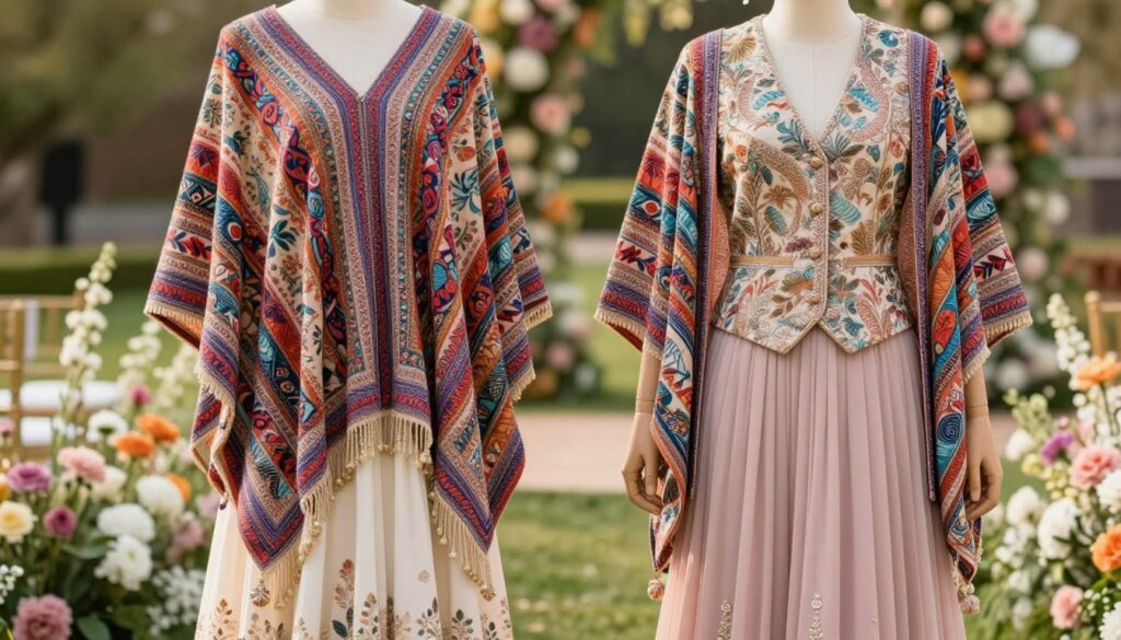 In a stylish outdoor wedding setting, feature a unique poncho and vest ensemble suitable for women, elegantly layered over a flowing dress. In the foreground, display a model wearing a vibrant, intricately patterned poncho, draping down gracefully, complemented by a chic, tailored vest. The middle ground captures a soft-focus background of blooming flowers and gentle greenery, adding a romantic atmosphere. Warm, natural lighting bathes the scene, enhancing the colorful details of the outfits. The angle is slightly tilted to emphasize the silhouette and layering of the clothing. The overall mood is joyful and sophisticated, perfect for a wedding, reflecting originality in wedding fashion without any text or distractions. In a stylish outdoor wedding setting, feature a unique poncho and vest ensemble suitable for women, elegantly layered over a flowing dress. In the foreground, display a model wearing a vibrant, intricately patterned poncho, draping down gracefully, complemented by a chic, tailored vest. The middle ground captures a soft-focus background of blooming flowers and gentle greenery, adding a romantic atmosphere. Warm, natural lighting bathes the scene, enhancing the colorful details of the outfits. The angle is slightly tilted to emphasize the silhouette and layering of the clothing. The overall mood is joyful and sophisticated, perfect for a wedding, reflecting originality in wedding fashion without any text or distractions.