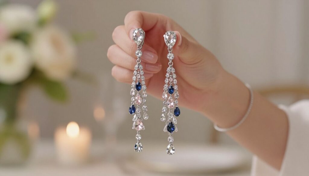 Long crystal earrings elegantly cascading down, catching the light with a dazzling sparkle. The foreground features a close-up of the earrings, highlighting their intricate design, with delicate crystals in various hues—clear, soft pink, and deep blue—set into a sleek silver or gold base. In the middle, a beautifully manicured hand gently holds the earrings, showcasing a slender wrist adorned with a simple bracelet. The background is softly blurred, hinting at an elegant wedding setting with tasteful floral arrangements and soft candlelight to create a warm, inviting atmosphere. The lighting is soft and diffused, enhancing the luxurious feel, with a shallow depth of field to focus solely on the earrings. Overall, the mood is sophisticated and enchanting, perfect for a special occasion. Long crystal earrings elegantly cascading down, catching the light with a dazzling sparkle. The foreground features a close-up of the earrings, highlighting their intricate design, with delicate crystals in various hues—clear, soft pink, and deep blue—set into a sleek silver or gold base. In the middle, a beautifully manicured hand gently holds the earrings, showcasing a slender wrist adorned with a simple bracelet. The background is softly blurred, hinting at an elegant wedding setting with tasteful floral arrangements and soft candlelight to create a warm, inviting atmosphere. The lighting is soft and diffused, enhancing the luxurious feel, with a shallow depth of field to focus solely on the earrings. Overall, the mood is sophisticated and enchanting, perfect for a special occasion.