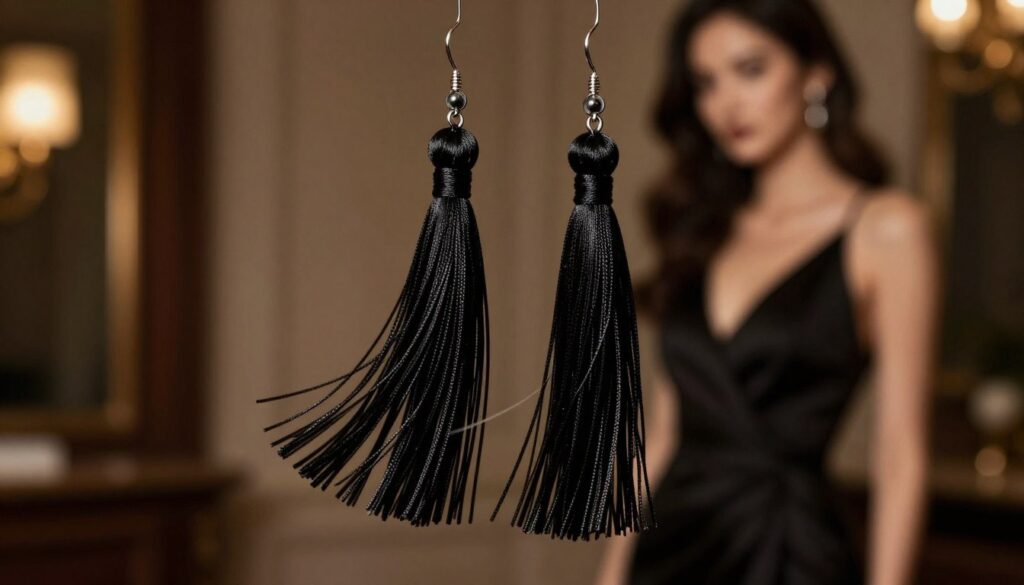 Long, elegant black tassel earrings crafted from delicate silk threads, gracefully draping down to shoulder length. The foreground showcases the earrings in sharp detail, capturing the subtle sheen of the silk, with the tassels gently swaying as if caught in a soft breeze. In the middle ground, a soft-focus background of a dimly lit upscale evening setting, featuring a blurred silhouette of a stylish woman in a tasteful evening dress, enhancing the luxurious feel. The lighting is warm and inviting, with a soft spotlight highlighting the earrings and creating a sense of sophistication. The mood is classy and elegant, perfect for evening wear, evoking a sense of refined beauty. Long, elegant black tassel earrings crafted from delicate silk threads, gracefully draping down to shoulder length. The foreground showcases the earrings in sharp detail, capturing the subtle sheen of the silk, with the tassels gently swaying as if caught in a soft breeze. In the middle ground, a soft-focus background of a dimly lit upscale evening setting, featuring a blurred silhouette of a stylish woman in a tasteful evening dress, enhancing the luxurious feel. The lighting is warm and inviting, with a soft spotlight highlighting the earrings and creating a sense of sophistication. The mood is classy and elegant, perfect for evening wear, evoking a sense of refined beauty.