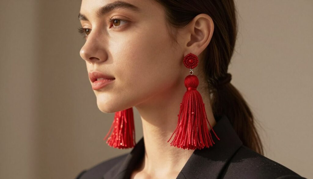 Vibrant red tassel earrings, elegantly designed and dangling gracefully, are the focal point in the foreground of the image. The earrings feature intricate bead details that catch the light, enhancing their dynamic movement. In the middle ground, a model dressed in professional attire poses confidently, showcasing the earrings. The model's hair is styled in a way that accentuates the earrings, and she is set against a softly blurred, neutral-toned background that allows the earrings to pop. The lighting is warm and inviting, casting gentle highlights onto the tassels, emphasizing their drape and texture. The atmosphere is sophisticated and stylish, underscoring the significant impact of earrings on personal proportions and style. The angle captures the earrings from slightly below eye level to enhance their visual appeal and draw attention.
